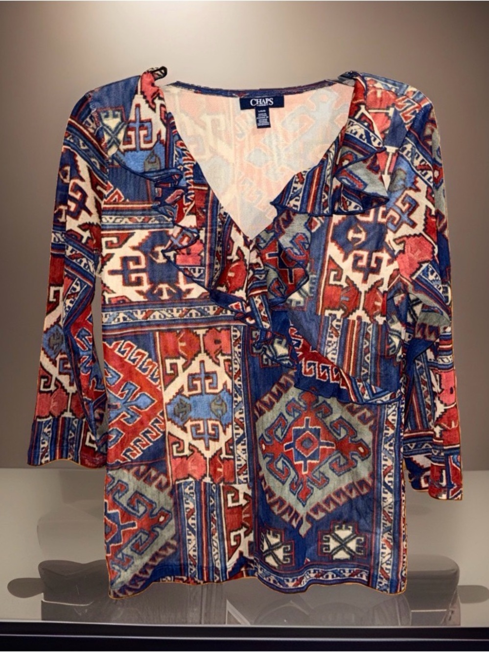 Chaps Denim Women's Multicolor Mesh Geometric V-Neck Ruffle Top-L-EC